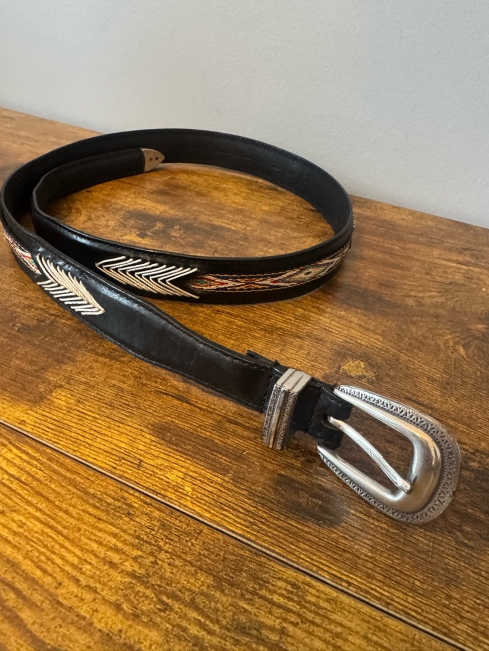 Woolrich Southwestern Leather Belt XL Black Italian Full Grain Western Inlay